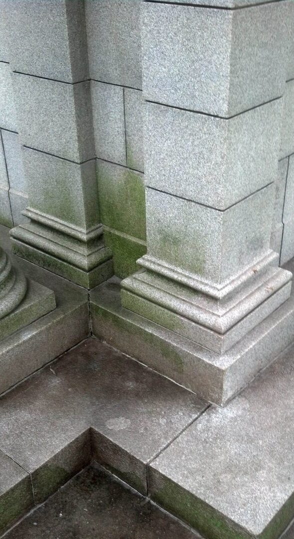 Granite mausoleum before cleaning, stained with green algae
