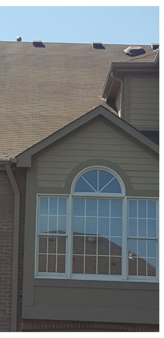 Shingle roof after soft washing, algae streaks removed
